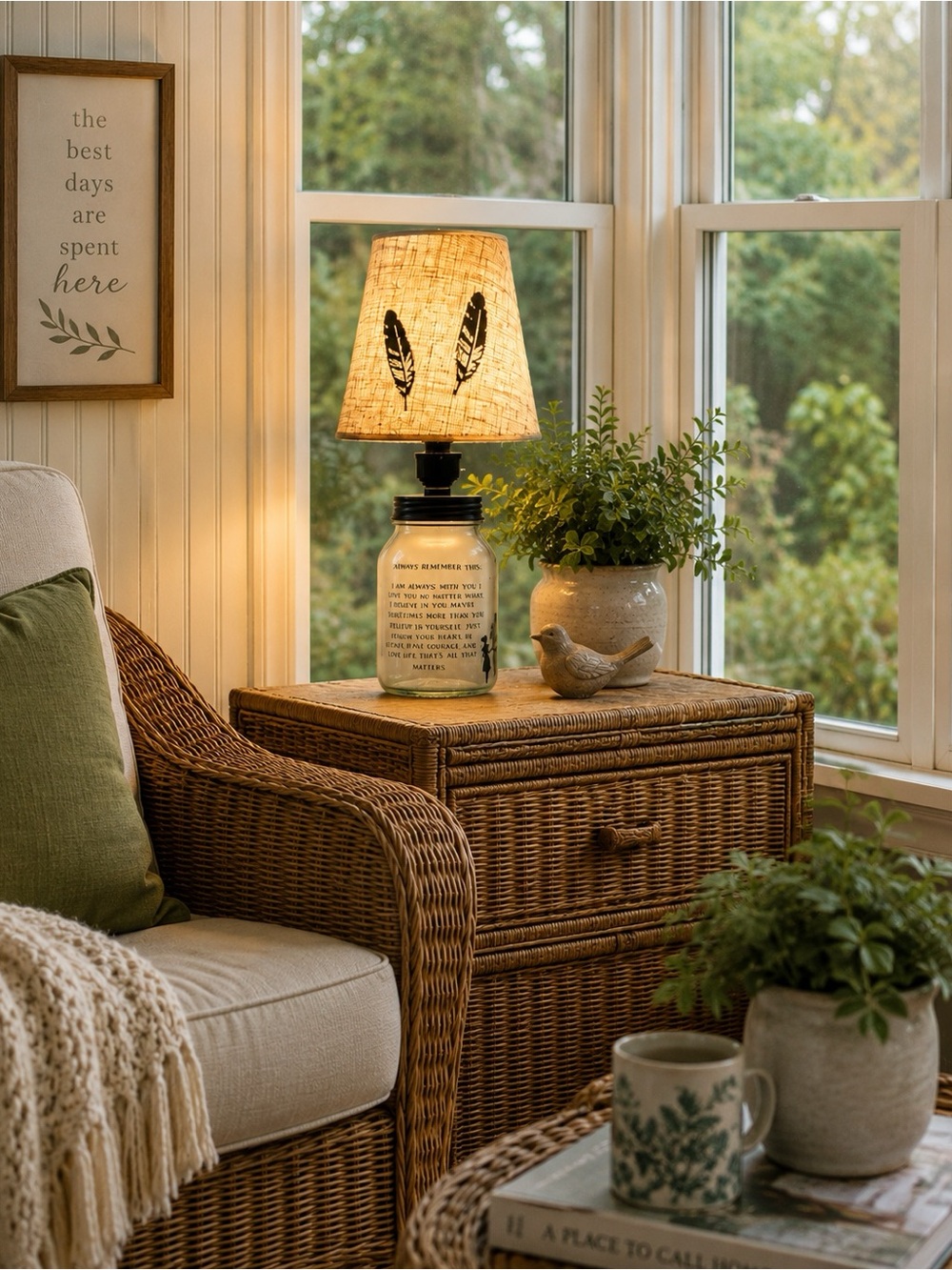 Beige Feather Accent Table Lamp with Inspirational Glass Jar Base